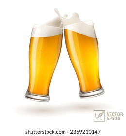 3D realistic two glasses of light beer toasting creating splash