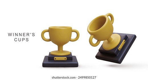3d realistic two golden cups. Vector illustration.