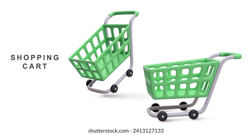 3d realistic two green shopping carts isolated on white background. Vector illustration.