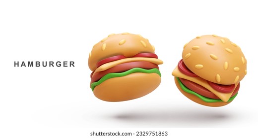 3d realistic two Hamburger on white background. Vector illustration.