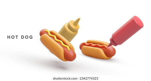 3d realistic two Hot Dog and ketchup, mustard ketchup on white background. Vector illustration.