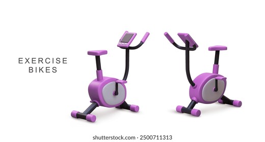 3d realistic two lilak exercise bike on white background. Vector illustration.