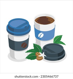 3D Realistic Two paper coffee cups with blank labels. Brown paper takeaway hot coffee cup with coffee beans on the floor, plastic cup lid floating over in the air, isolated blue paper takeaway.