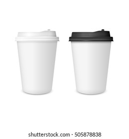 3D Realistic two paper Coffee Cup isolated on white background. Paper Coffee Cup Mockup. Vector Template