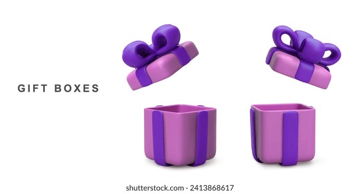 3d Realistic two pink open gift box isolated on white background. Vector illustration.