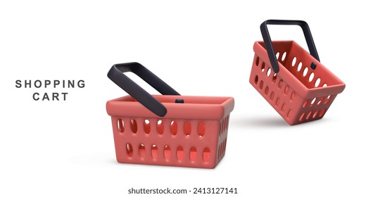 3d realistas dos carritos de compras rojos aislados en fondo blanco. Ilustración vectorial.