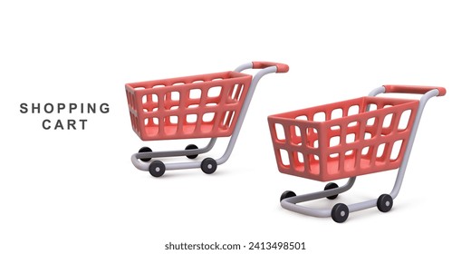 3d realistic two red shopping carts isolated on white background. Vector illustration.