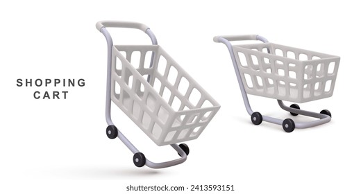 3d realistic two white shopping carts isolated on white background. Vector illustration.