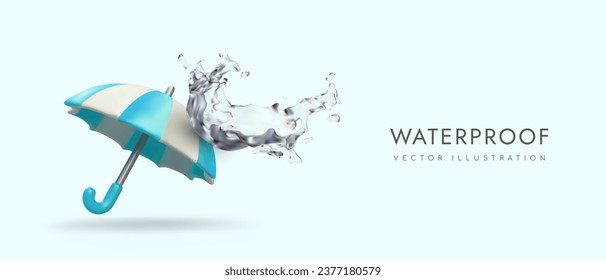 3d realistic umbrella and splash of crystal water. Colorful poster with blue background and place for text. Concept of waterproof protection. Vector illustration