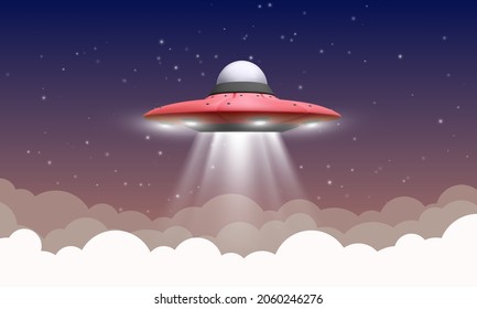 3d realistic unidentified object hovers in the night sky. Vector illustration