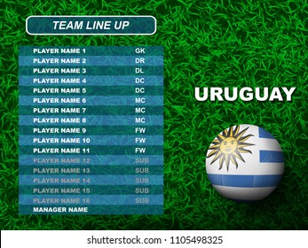 3D realistic of Uruguay soccer ball with team line up board on soccer stadium field. Concept for Football tournament background in vector illustrative