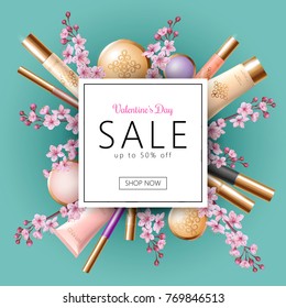 3D realistic Valentine Day sale banner template. Discount offer spring flower sakura pink petal cosmetic package mock up frame design delicate pink beige golden light blue vector illustration