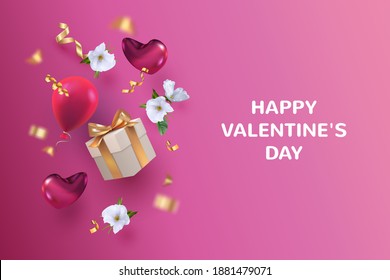 3d realistic Valentine's day banner with flying hearts, gifts and flowers