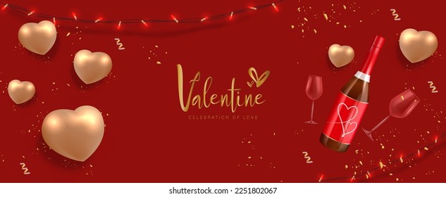 3D Realistic Valentine's Day Design with Realistic Red Bottle of Champagne Vector Illustration