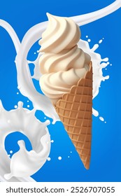 Cono de helado de vainilla realista en 3D. Sobre un fondo azul brillante con salpicaduras de leche. Crema batida o helado suave en un cono de gofre. Elemento para publicidad. Ilustración vectorial 