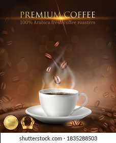 3d realistic vector advertisement banner of coffee cup with coffee beans and gold labels.