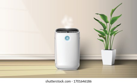 3d realistic vector air purifier in the interior on the wooden floor  background illustration with house plant on the floor. Air cleaning and humidifying  devise for the house.