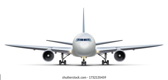 3d realistic vector airplane. Isolated on white background aircraft, front view.