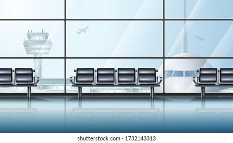 3d realistic vector airport terminal waiting area interior, with big windows and airplane and chairs for waiting. 