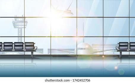 3d Realistic Vector Airport Terminal Waiting Area Interior, With Big Windows And Airplane And Chairs For Waiting. 