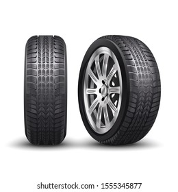 3d realistic vector aluminum racing car tire or auto tyres in front and side view. 