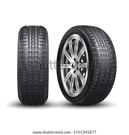 3d realistic vector aluminum racing car tire or auto tyres in front and side view. 