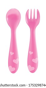 3d realistic vector baby pink fork and spoon set of eating utensils. Isolated on white background icon illustration.