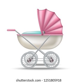 3d realistic vector baby stroller in pink for newborn baby girl.