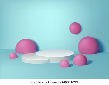 3d fondo vectorial realista. Bonito soporte blanco con bolas rosadas alrededor.  Presentación cosmética y de productos. 