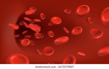 3d realistic vector background. Blood cells flowing in the artery banner. Anemia banner, medical cholesterol or diabetes treatment.