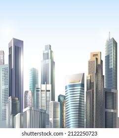 3d realistic vector background. Realistic city road skyscrapers, bussines district offices.