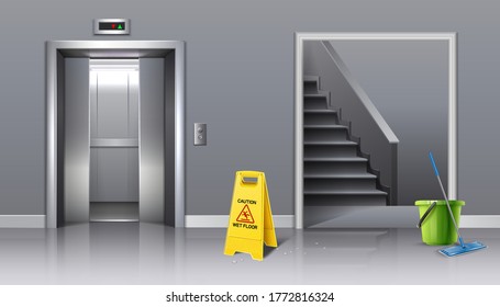 3d realistic vector background of cleaning in progress lift hall and staircase with yellow sign caution wet and bucket of water with a mop.