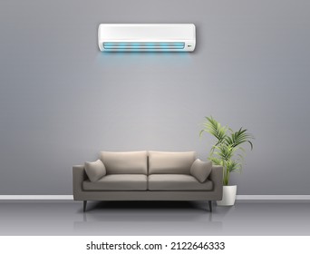 3d Realistic Vector Background. Climat Control Concept. Cooling Air Conditioning System In The Living Room With A Couch.