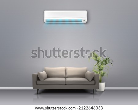 3d realistic vector background. Climat control concept. Cooling air conditioning system in the living room with a couch.