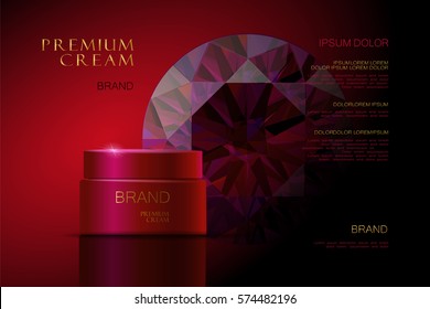 3d realistic vector background cosmetic ads. Premium hydrating facial cream container mockup isolated on scarlet dark red packaging. Skin care with ruby precious powder gemstone gem.