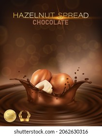 3d realistic vector background. Hazelnut spread background. Chocolate nutella splash with nuts.