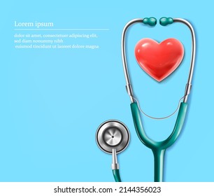 3d realistic vector background illustration. Stethoscope with heart, medical banner on blue wall.