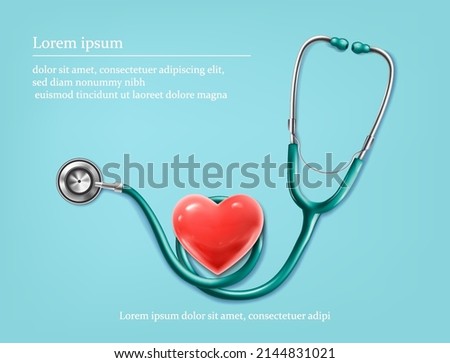 3d realistic vector background illustration. Stethoscope with heart, medical banner.