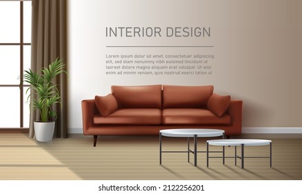 3d Realistic Vector Background. Interior With Modern Leather Couch, Living Room With Window.