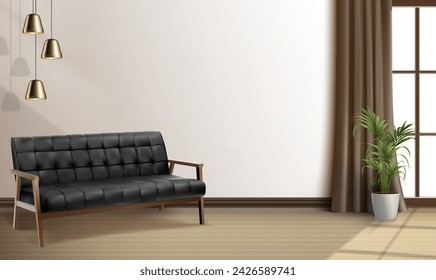 3D-realistischer Vektorhintergrund. Interieur mit moderner Ledercouch, Wohnzimmer mit Fenster und Pflanze.