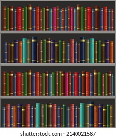 3d realistic vector background. Library shelves with colorful  books.