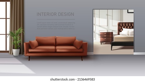 3d realistic vector background. Living room interior design. Sofa with big window, plant and bedroom with bed.