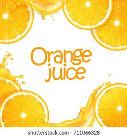 3d realistic vector background made of sliced juicy oranges and splash juice. Editable handmade mesh