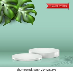 3d realistic vector background. Product display white podium, cosmetic product showcase with tropical leaves. 