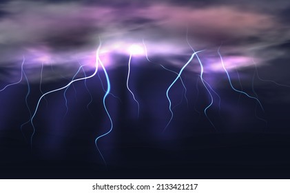 3d Realistic Vector Background. Rainy Clouds With Lighting. Night Dark Sky.