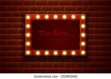 3d realistic vector background retro lightbox billboard for cinema, bar show or restaurant on the brick wall.