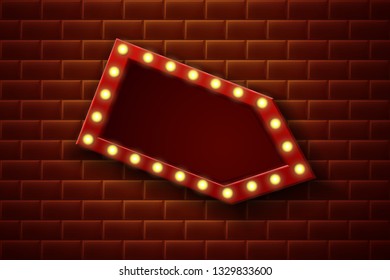3d realistic vector background retro lightbox billboard for cinema, bar show or restaurant on the brick wall in arrow shape.