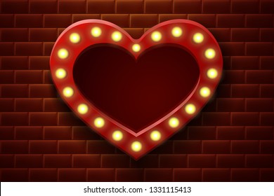 3d realistic vector background retro lightbox billboard for cinema, bar show, restaurant, wedding or events on the brick wall in heart shape.