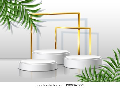3d realistic vector background with round stages and golden frames with tropical leaves on the sides.  
