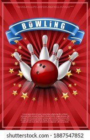 3d realistisches Vektorbanner des Bowlingspiels mit rotem Ball und weißen Skitteln.